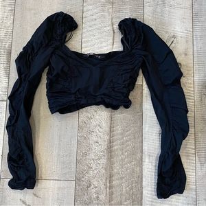Zara Womens Crop Top Black Long Sleeve Puff Sweetheart Neck Ruched Stret…